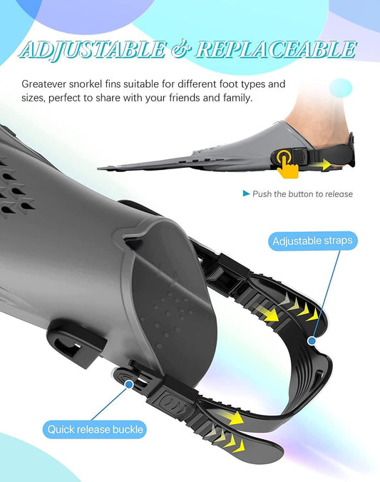 Gray Adjustable Open Heel Snorkel Fins, Travel-Size Short Swim Flippers for Snorkeling, Diving & Swimming, Adult Men & Womenï¼S/Mï¼.