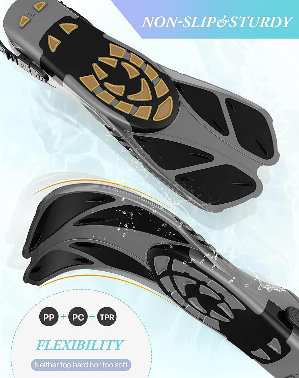 Gray Adjustable Open Heel Snorkel Fins, Travel-Size Short Swim Flippers for Snorkeling, Diving & Swimming, Adult Men & Womenï¼S/Mï¼.
