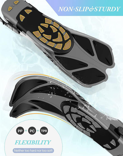 Gray Adjustable Open Heel Snorkel Fins, Travel-Size Short Swim Flippers for Snorkeling, Diving & Swimming, Adult Men & Womenï¼S/Mï¼.
