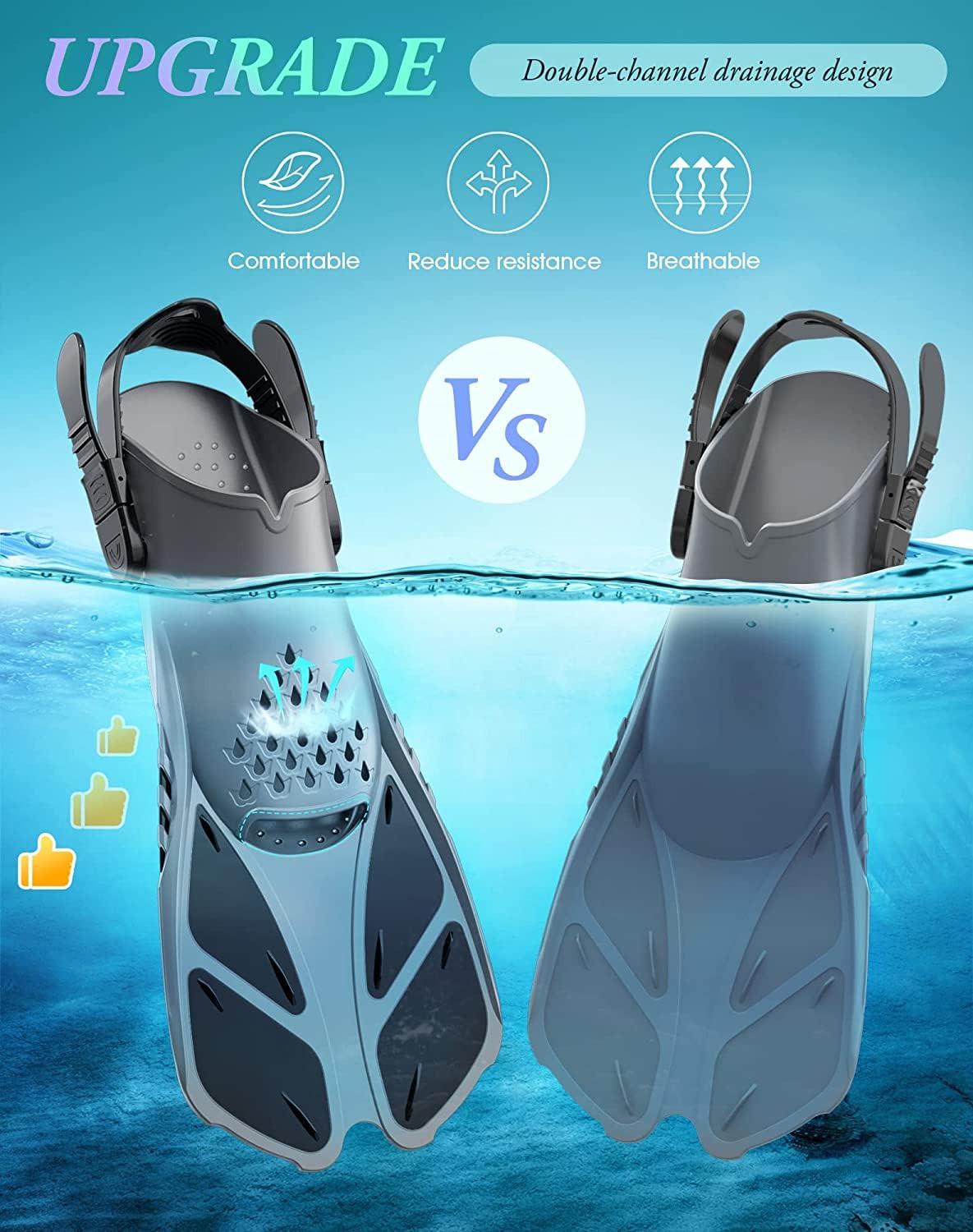 Gray Adjustable Open Heel Snorkel Fins, Travel-Size Short Swim Flippers for Snorkeling, Diving & Swimming, Adult Men & Womenï¼S/Mï¼.
