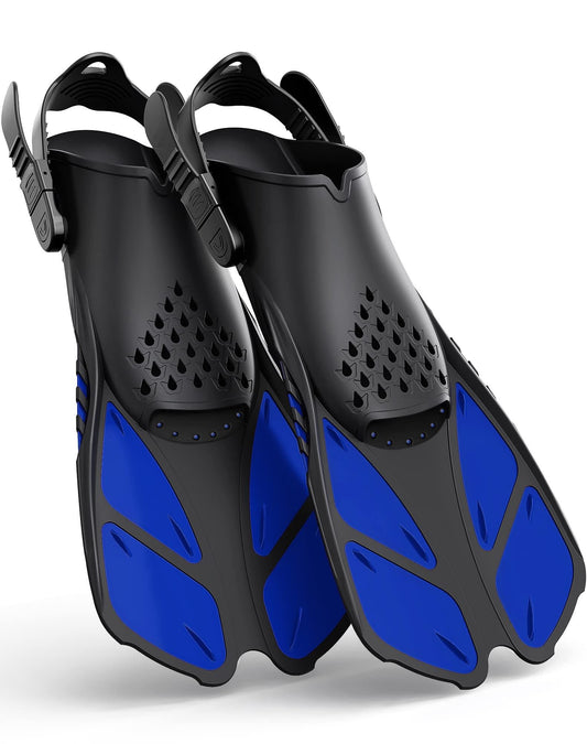 Blue Adjustable Open Heel Snorkel Fins, Travel-Size Short Swim Flippers for Snorkeling, Diving & Swimming, Adult Men & Womenï¼L/XLï¼.