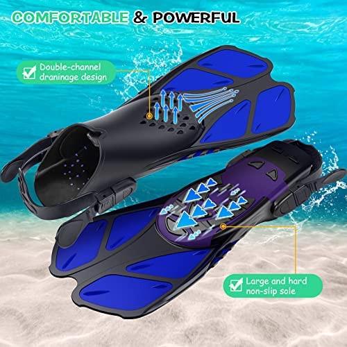 Blue Adjustable Open Heel Snorkel Fins, Travel-Size Short Swim Flippers for Snorkeling, Diving & Swimming, Adult Men & Womenï¼L/XLï¼.
