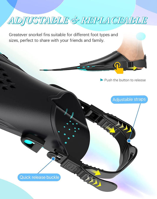 Green Adjustable Open Heel Snorkel Fins, Travel-Size Short Swim Flippers for Snorkeling, Diving & Swimming, Adult Men & Womenï¼S/Mï¼.