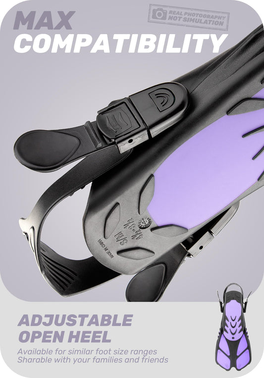Purple Adjustable Open Heel Snorkel Fins, Travel-Size Short Swim Flippers for Snorkeling, Diving & Swimming, Adult Men & Womenï¼L/XLï¼.