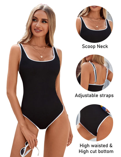 Women's Black One Piece Swimsuit with White Trim: Adjustable Strap, Ribbed, High Cut for Sports & Beach（XXL）