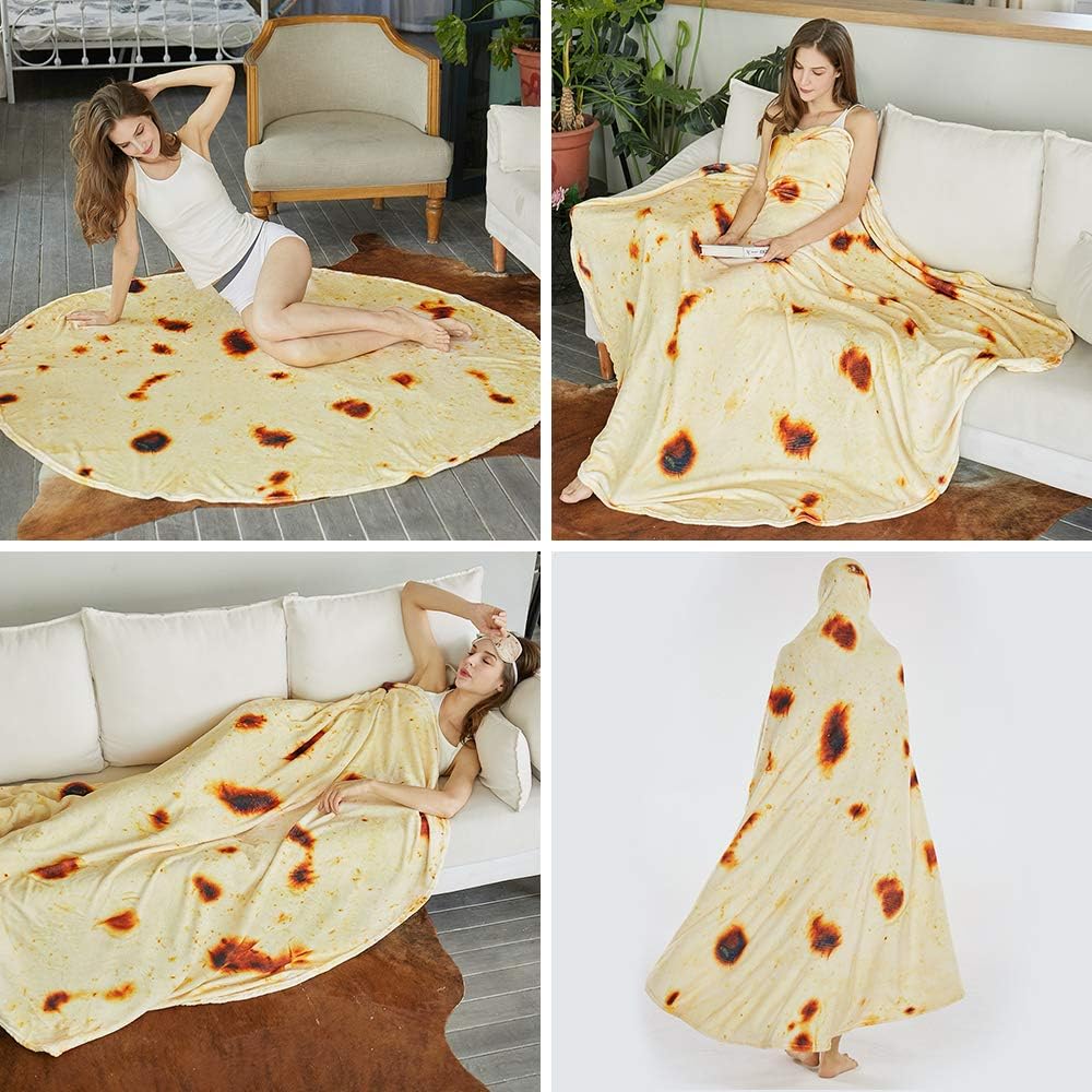 Burritos Tortilla Throw Blanket (Yellow), Novelty Funny Round Blanket for Kids & Adults, Soft Flannel Tortilla Wrap Blanket（47",Baby）