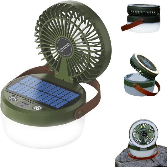 Camping Light with Fan, Portable Hanging Lamp for Tent, IPX4 Waterproof, 4 Mode Light Camping Lantern and 3 -Speed Quiet Fan,USB & Auxiliary Solar Chargingï¼for Camping/College Dorm (Army Green).