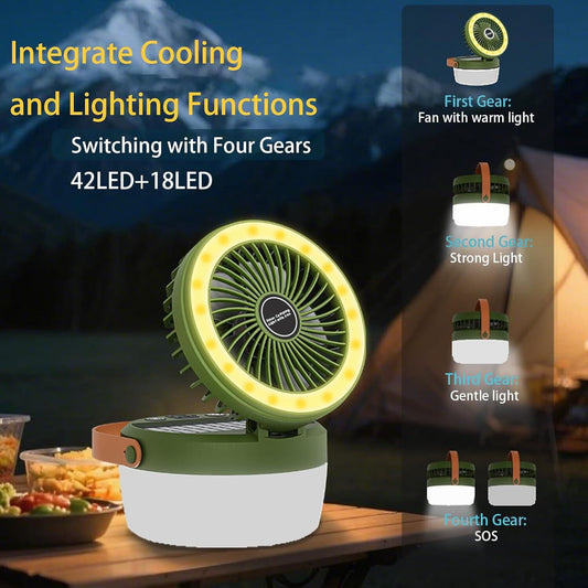Camping Light with Fan, Portable Hanging Lamp for Tent, IPX4 Waterproof, 4 Mode Light Camping Lantern and 3 -Speed Quiet Fan,USB & Auxiliary Solar Chargingï¼for Camping/College Dorm (Army Green).