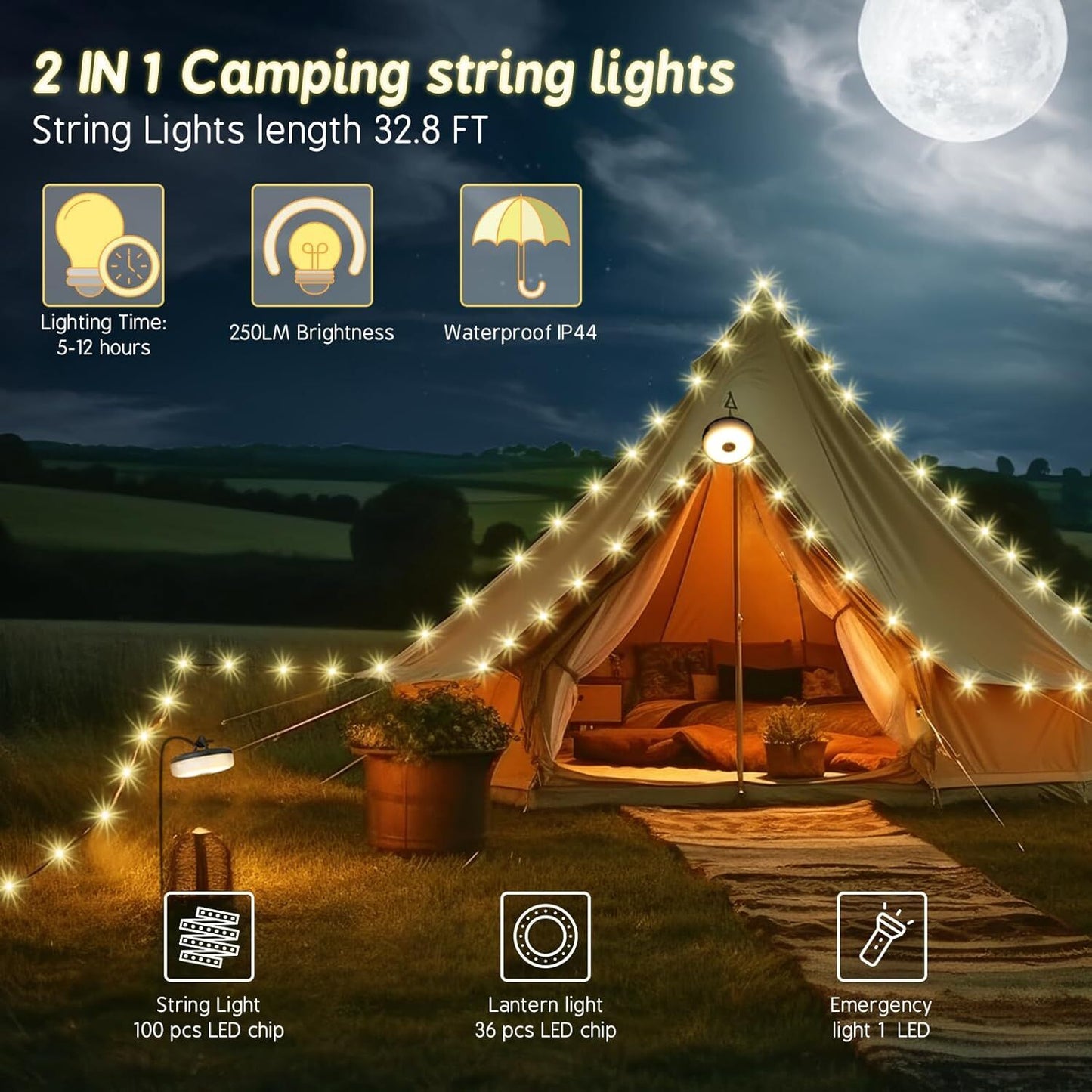 Solar Camping String Lights: 5-Mode IPX4 Waterproof USB/Solar Powered 2-in-1 for Outdoor Tents, Hiking & Party Decor.
