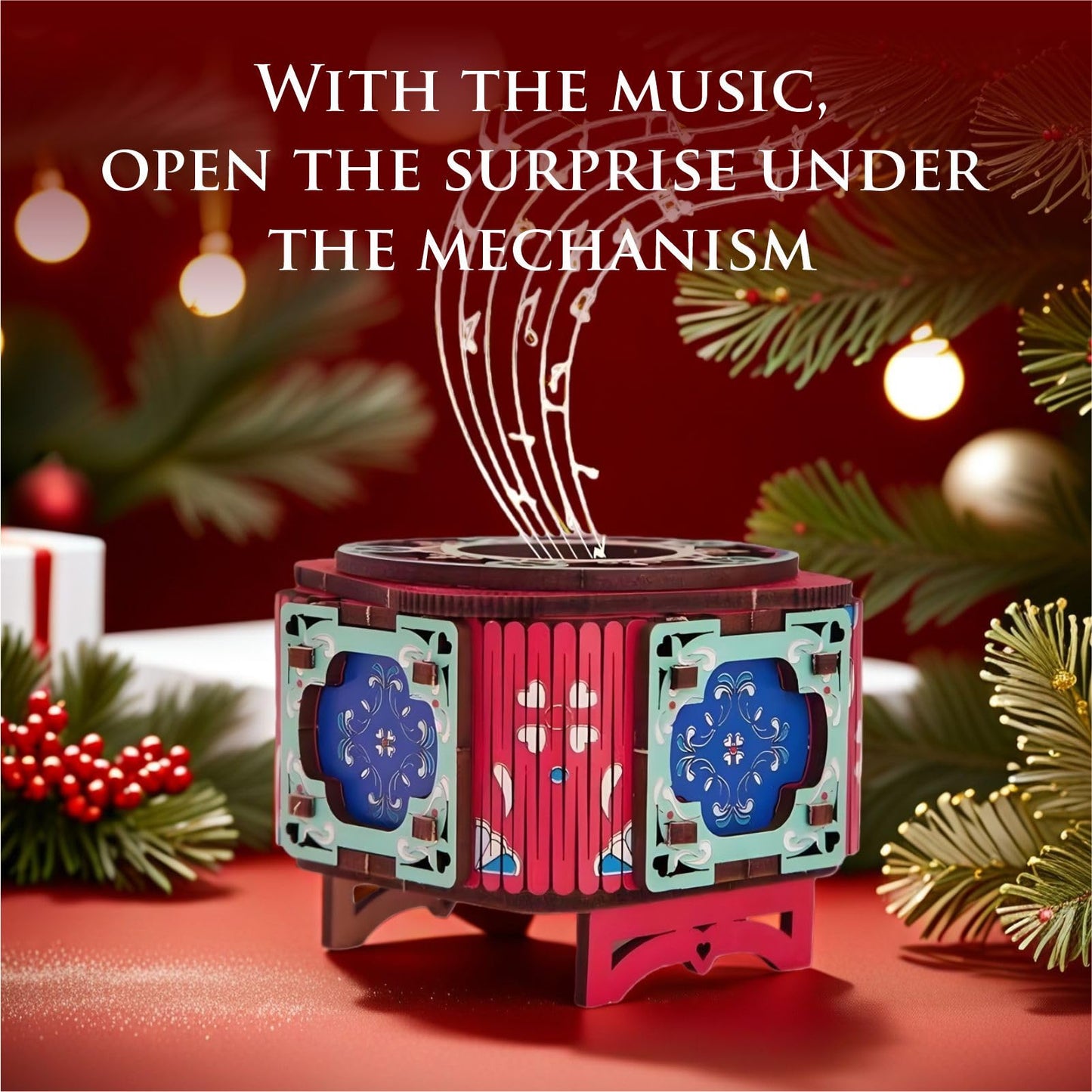 3D Wooden Music Box with LED Light – DIY Mechanical Puzzle Kit, Handcrafted Jewelry Storage, Romantic Gift for Her or Him (Red)
