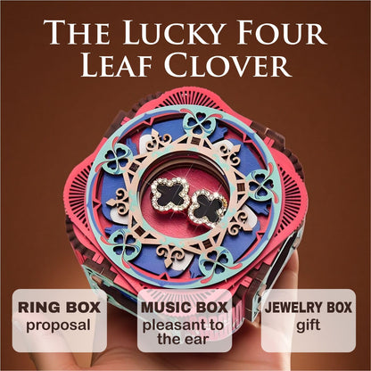 3D Wooden Music Box with LED Light – DIY Mechanical Puzzle Kit, Handcrafted Jewelry Storage, Romantic Gift for Her or Him (Red)