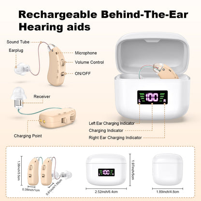 Rechargeable Behind-the-Ear Hearing Aids with Charging Case & LCD Display – Compact Sound Amplifier for Adults and Seniors (White Case, Skin Tone Device)