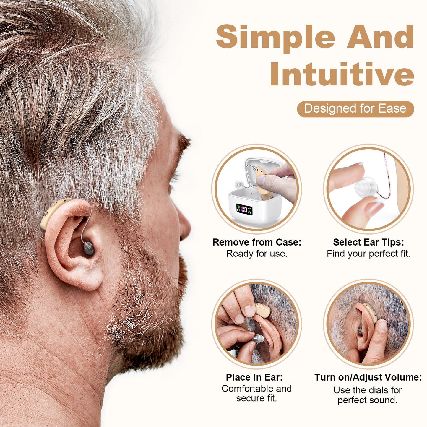Rechargeable Behind-the-Ear Hearing Aids with Charging Case & LCD Display – Compact Sound Amplifier for Adults and Seniors (White Case, Skin Tone Device)