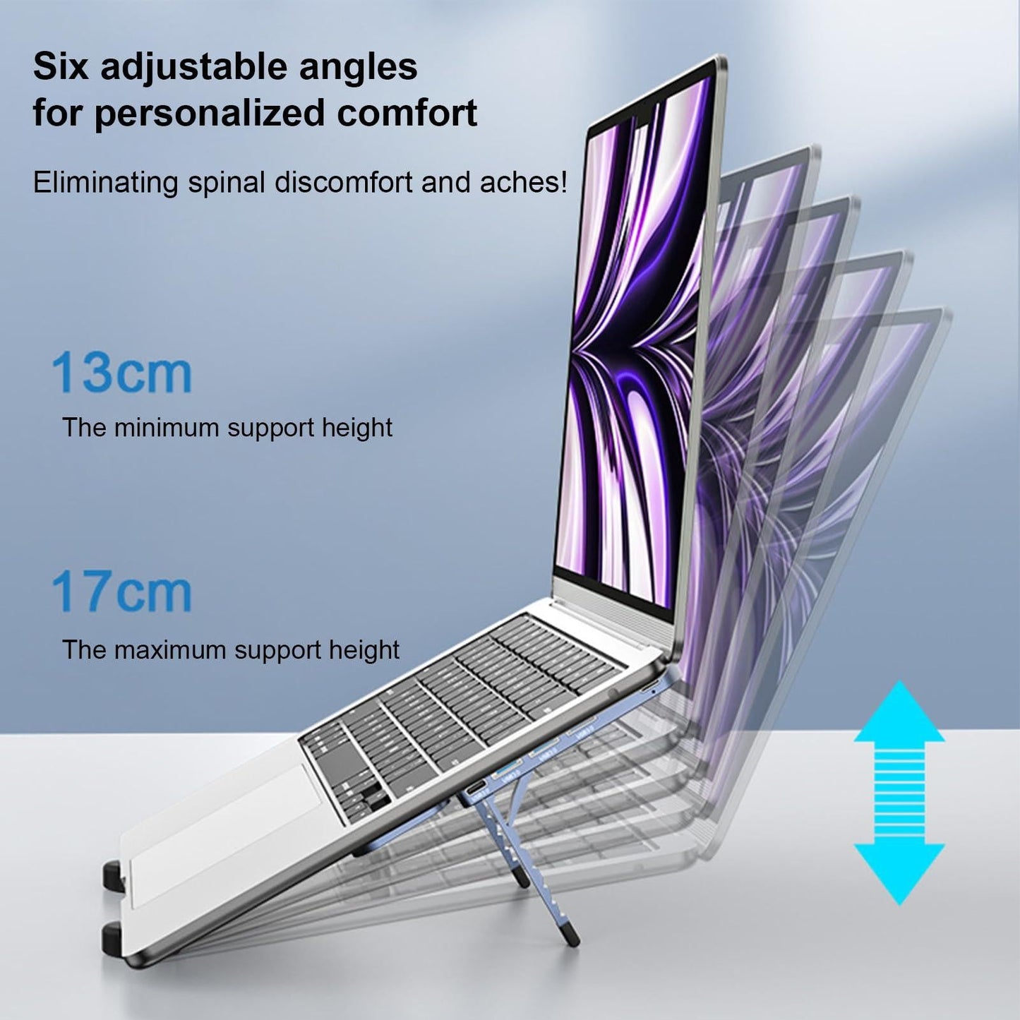 Adjustable Laptop Stand with USB Hub â Aluminum Foldable Riser for Home Office, Gaming, Travel & Business Use, Ergonomic Cooling Desk Mount (Black).
