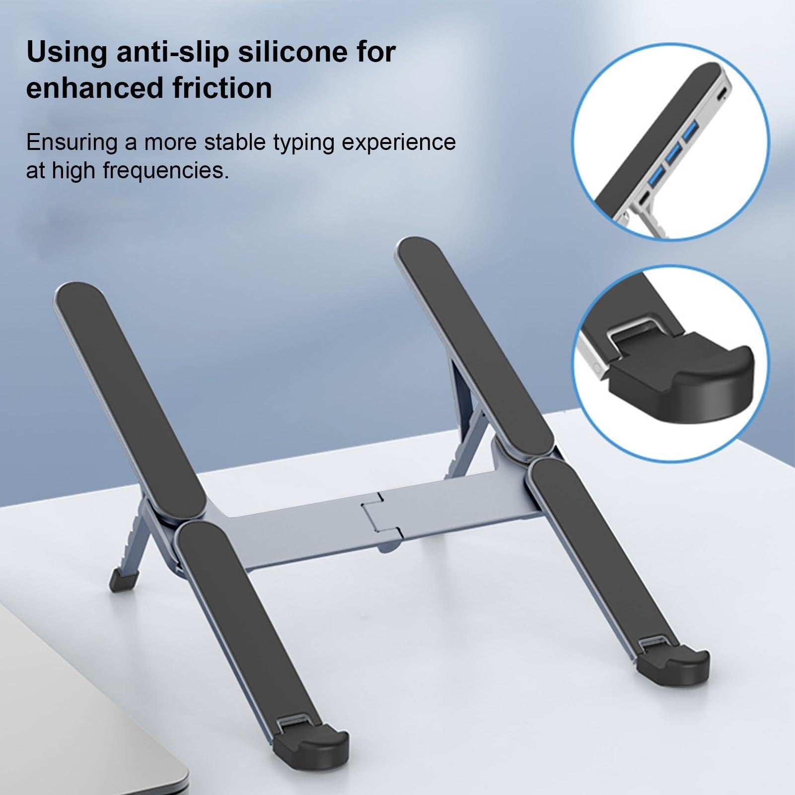 Adjustable Laptop Stand with USB Hub â Aluminum Foldable Riser for Home Office, Gaming, Travel & Business Use, Ergonomic Cooling Desk Mount (Black).
