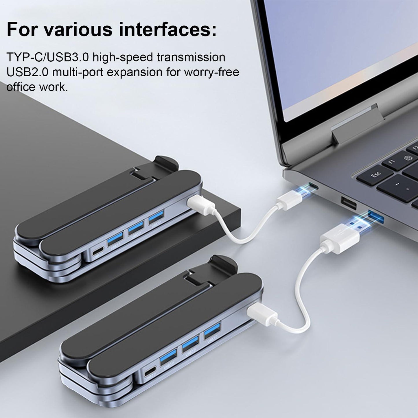 Adjustable Laptop Stand with USB Hub â Aluminum Foldable Riser for Home Office, Gaming, Travel & Business Use, Ergonomic Cooling Desk Mount (Black).