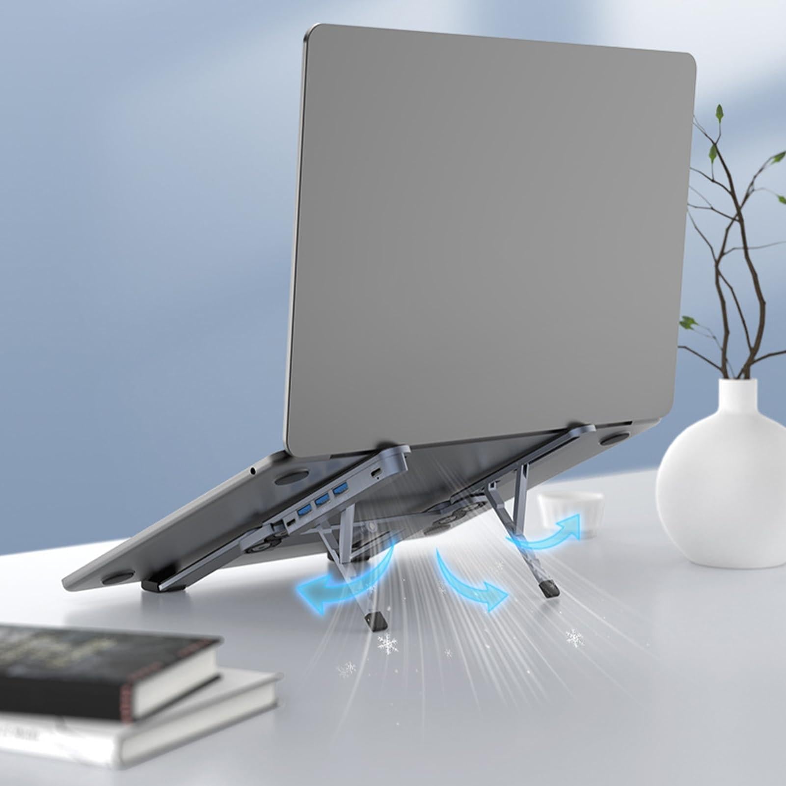 Adjustable Laptop Stand with USB Hub â Aluminum Foldable Riser for Home Office, Gaming, Travel & Business Use, Ergonomic Cooling Desk Mount (Black).