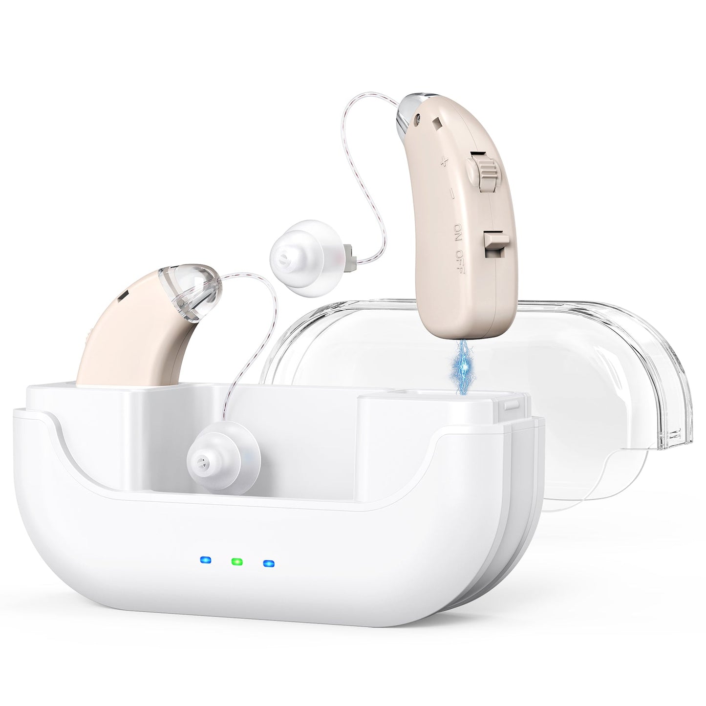 Rechargeable Hearing Amplifier with Charging Case – Compact Sound Enhancer for Daily Use, Noise Reduction & Clear Audio (White & Transparent Case, Skin Tone)