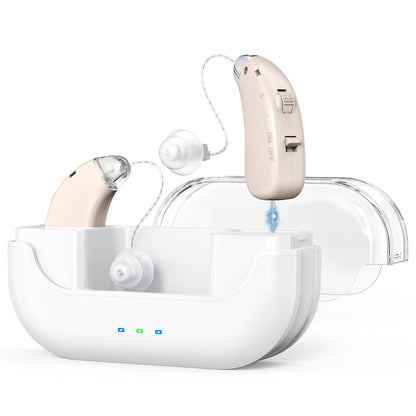 Rechargeable Hearing Amplifier with Charging Case – Compact Sound Enhancer for Daily Use, Noise Reduction & Clear Audio (White & Transparent Case, Skin Tone)