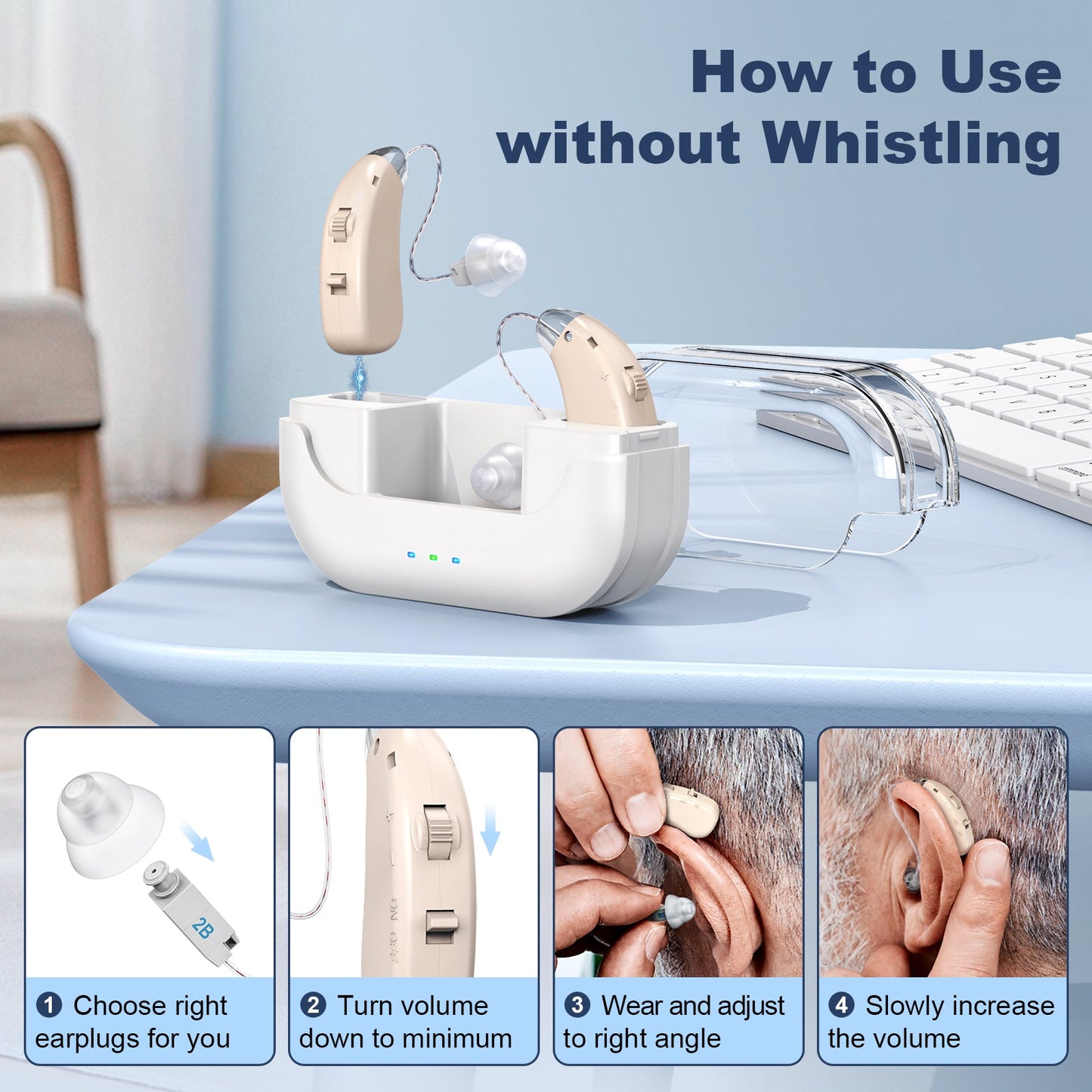 Rechargeable Hearing Amplifier with Charging Case – Compact Sound Enhancer for Daily Use, Noise Reduction & Clear Audio (White & Transparent Case, Skin Tone)