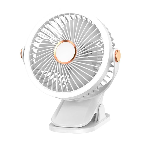 Mini Clip-on Fan with LED Light â USB Rechargeable, 360Â° Rotatable, 5-Speed Cooling for Desk, Bed, Camping & Travel (White).