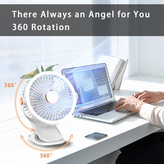 Mini Clip-on Fan with LED Light â USB Rechargeable, 360Â° Rotatable, 5-Speed Cooling for Desk, Bed, Camping & Travel (White).