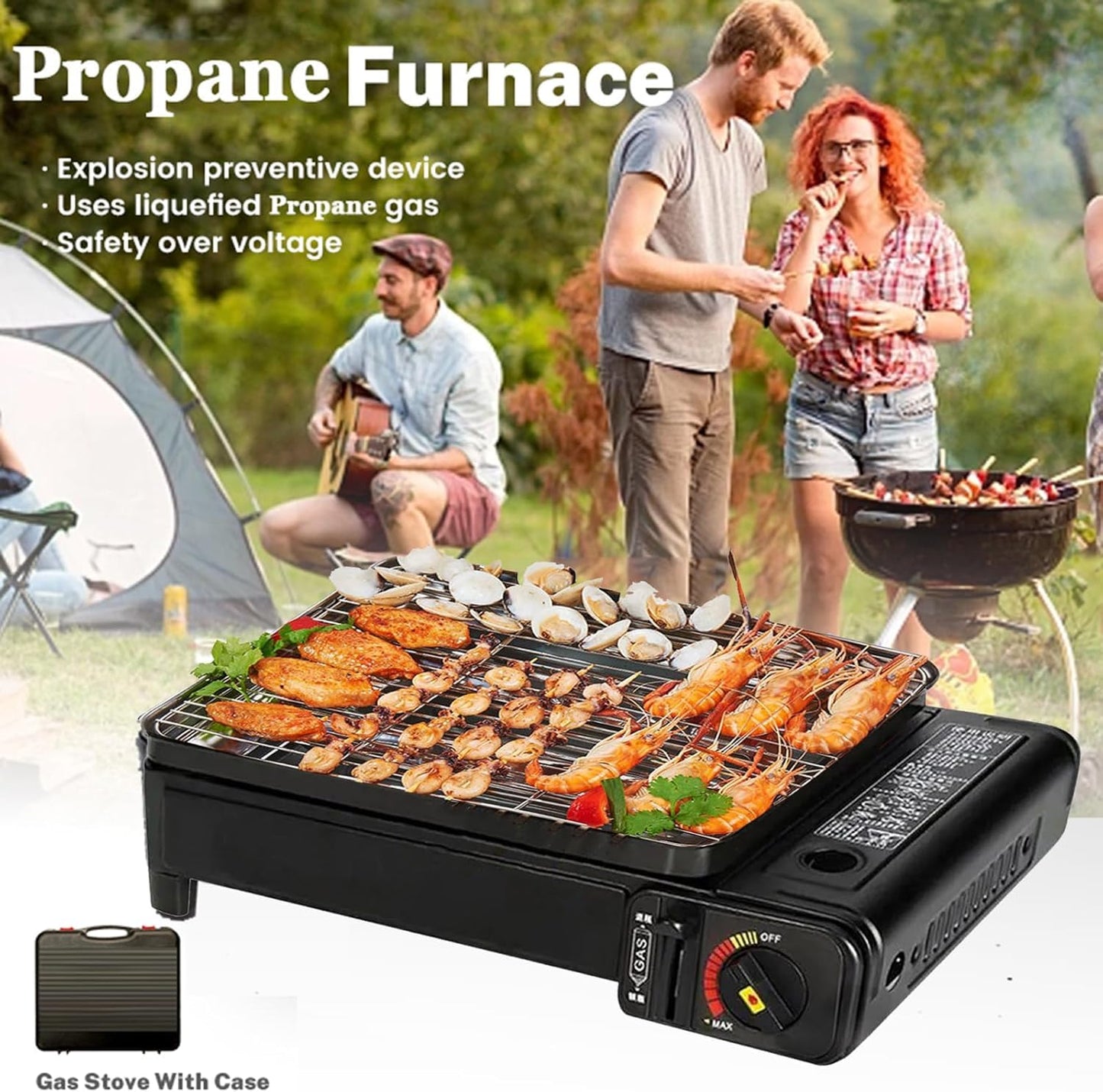 Portable Gas Grill with Removable Grate & Carry Case – Dual Fuel Outdoor Stove for Camping, Backyard BBQs & Beach Picnics (Black)