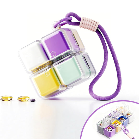 Cube-Shaped Weekly Pill Organizer with Carabiner Clip â 7 Compartment Portable Medicine Case, Airtight & Moisture-Resistant for Daily Vitamins or Emergency Use (Rainbow).