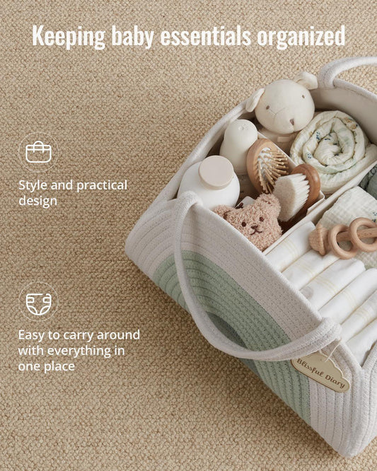 Portable Cotton Rope Diaper Caddy â Large Baby Storage Basket with Removable Dividers and Handles for Nursery, Car, Travel â Stylish Organizing Bin for Newborn Essentials (Mint Rainbow).