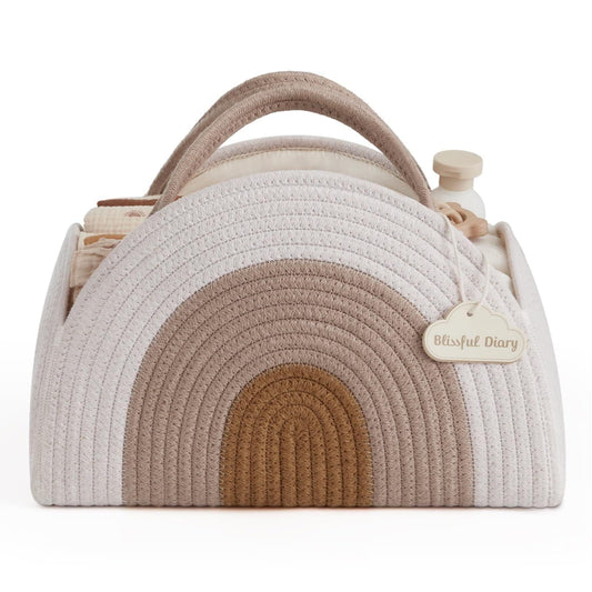 Portable Cotton Rope Diaper Caddy â Large Baby Storage Basket with Removable Dividers and Handles for Nursery, Car, Travel â Stylish Organizing Bin for Newborn Essentials (Earthy Rainbow).