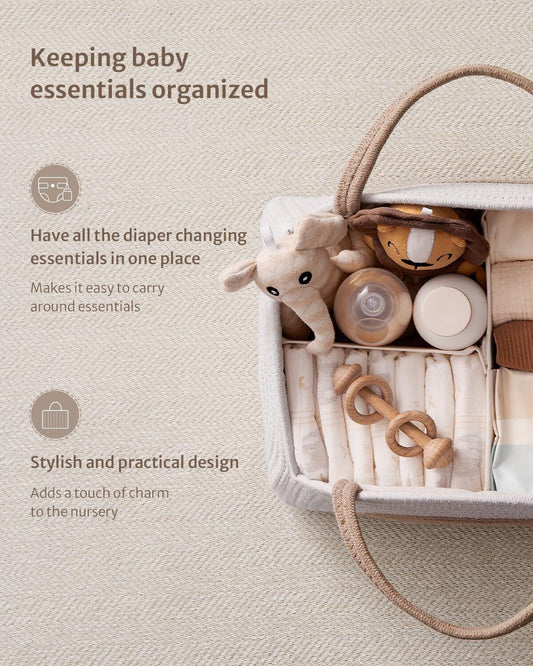 Portable Cotton Rope Diaper Caddy â Large Baby Storage Basket with Removable Dividers and Handles for Nursery, Car, Travel â Stylish Organizing Bin for Newborn Essentials (Earthy Rainbow).