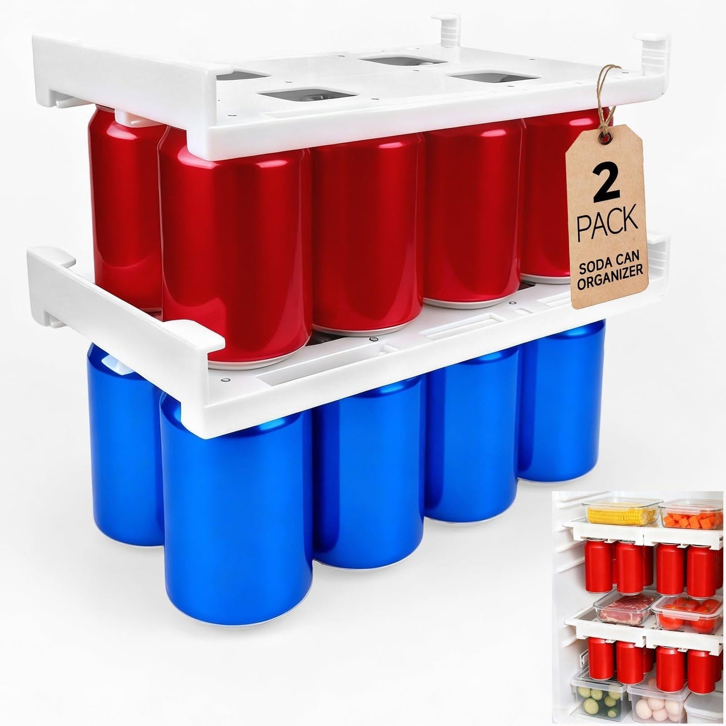 2-Pack Refrigerator Can Organizer â Hanging Soda & Beer Rack, Space-Saving Shelf for Fridge, Holds 8 Cans, Easy Installation (White).
