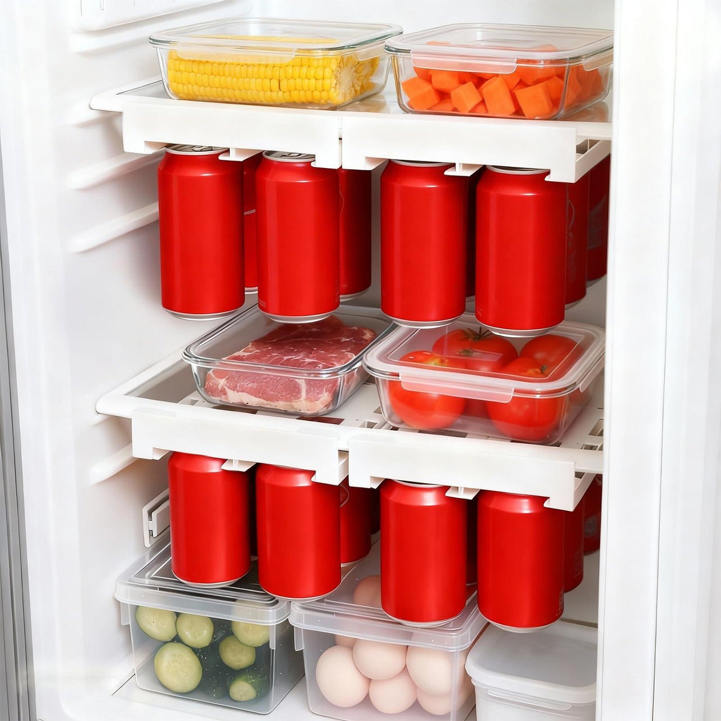 2-Pack Refrigerator Can Organizer â Hanging Soda & Beer Rack, Space-Saving Shelf for Fridge, Holds 8 Cans, Easy Installation (White).