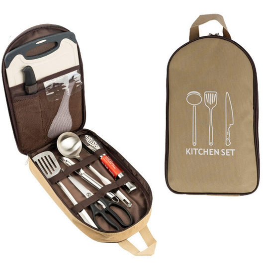 Multi-Functional Outdoor Kitchen Utensil Organizer â Durable Travel Storage Bag with Elastic Straps, Mesh Pockets & Carry Handle, Compact Size (Khaki).