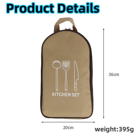 Multi-Functional Outdoor Kitchen Utensil Organizer â Durable Travel Storage Bag with Elastic Straps, Mesh Pockets & Carry Handle, Compact Size (Khaki).