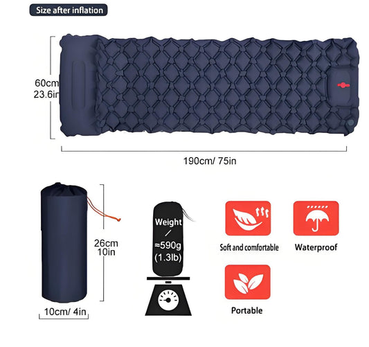 Ultralight Camping Sleeping Pad: Built-in Foot Pump, Integrated Pillow â Compact, Waterproof for Hiking/Backpacking (Dark Blue).