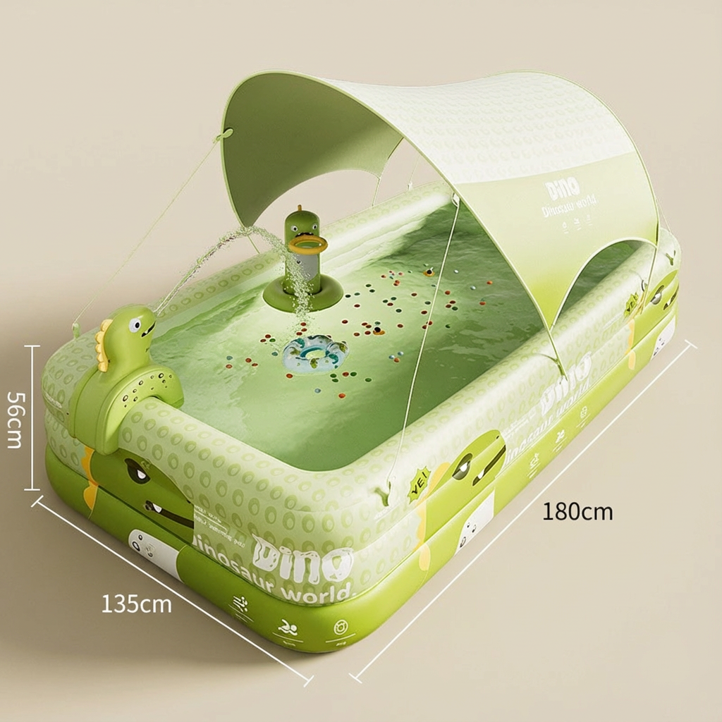 Inflatable Swimming Pool 180Ã130Ã56cm with Canopy & Dinosaur Spray â Kids Outdoor Water Play Set for Backyard, Garden, Summer Fun (Green).