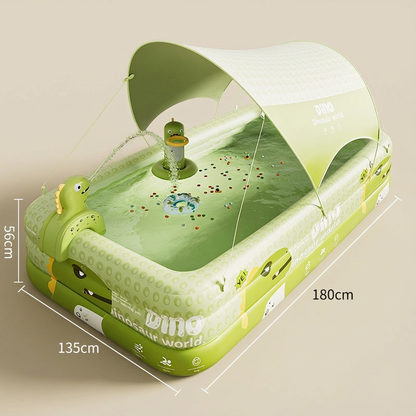 Inflatable Swimming Pool 180Ã130Ã56cm with Canopy & Dinosaur Spray â Kids Outdoor Water Play Set for Backyard, Garden, Summer Fun (Green).