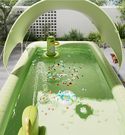 Inflatable Swimming Pool 180Ã130Ã56cm with Canopy & Dinosaur Spray â Kids Outdoor Water Play Set for Backyard, Garden, Summer Fun (Green).