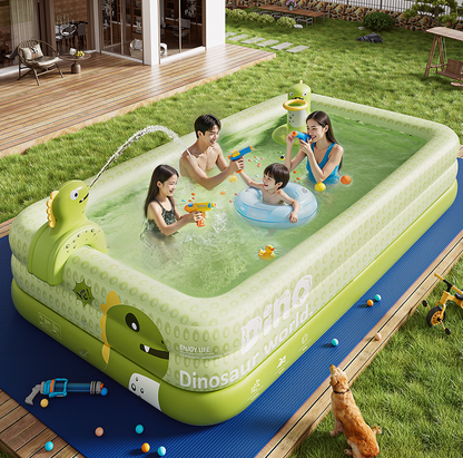 Inflatable Swimming Pool 180Ã130Ã56cm with Canopy & Dinosaur Spray â Kids Outdoor Water Play Set for Backyard, Garden, Summer Fun (Green).