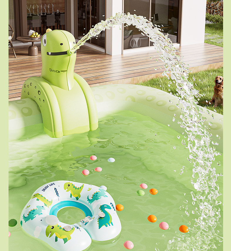 Inflatable Swimming Pool 180Ã130Ã56cm with Canopy & Dinosaur Spray â Kids Outdoor Water Play Set for Backyard, Garden, Summer Fun (Green).