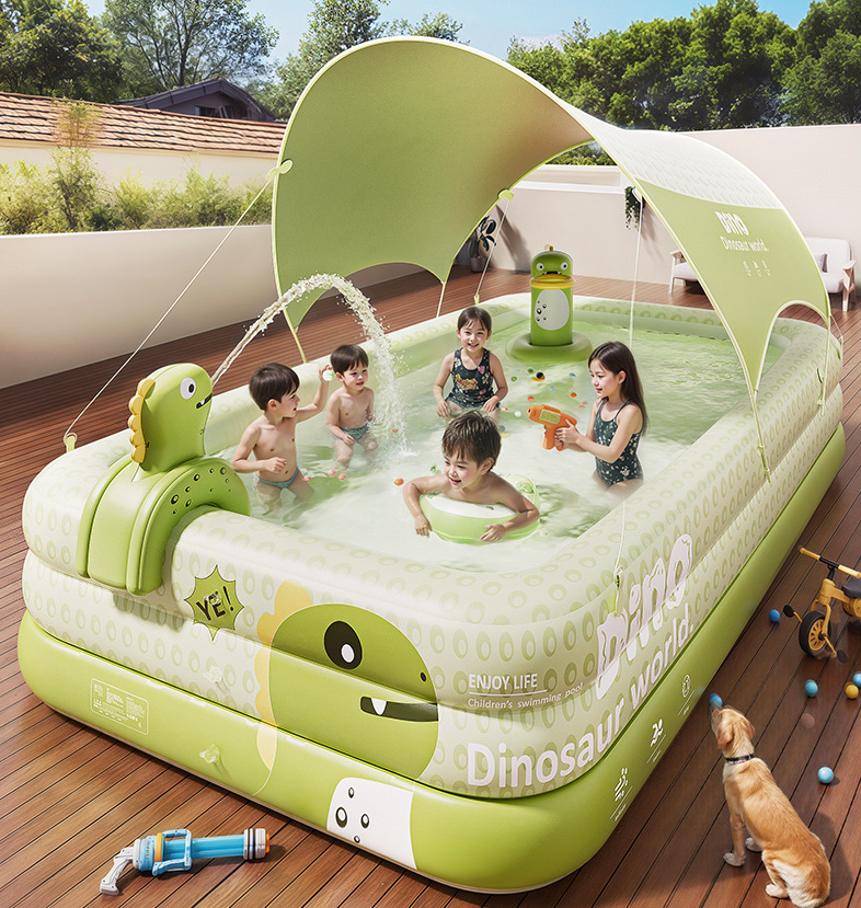 Inflatable Swimming Pool 180Ã130Ã56cm with Canopy & Dinosaur Spray â Kids Outdoor Water Play Set for Backyard, Garden, Summer Fun (Green).