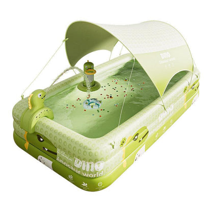 Inflatable Swimming Pool 210Ã140Ã56cm with Canopy & Dinosaur Spray â Kids Outdoor Water Play Set for Backyard, Garden, Summer Fun (Green).