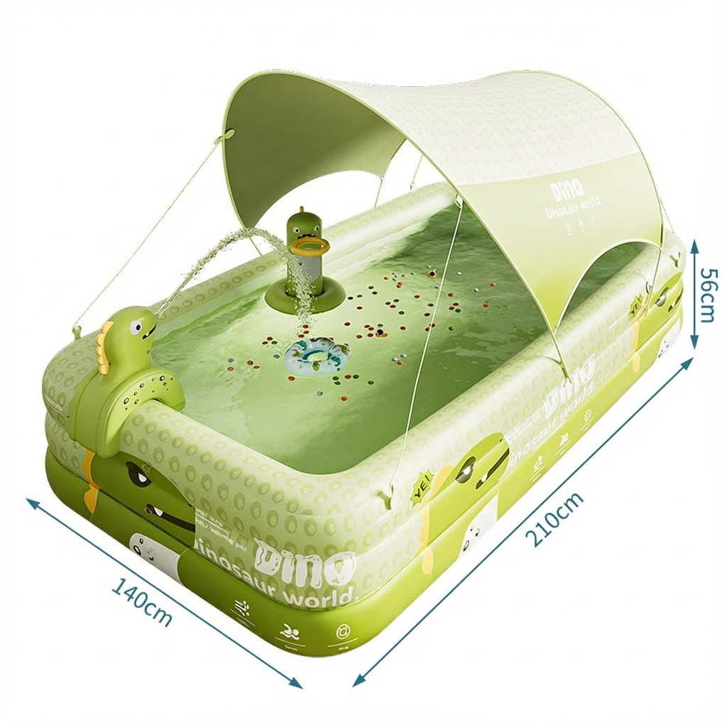 Inflatable Swimming Pool 210Ã140Ã56cm with Canopy & Dinosaur Spray â Kids Outdoor Water Play Set for Backyard, Garden, Summer Fun (Green).