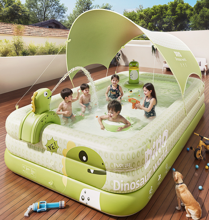 Inflatable Swimming Pool 210Ã140Ã56cm with Canopy & Dinosaur Spray â Kids Outdoor Water Play Set for Backyard, Garden, Summer Fun (Green).