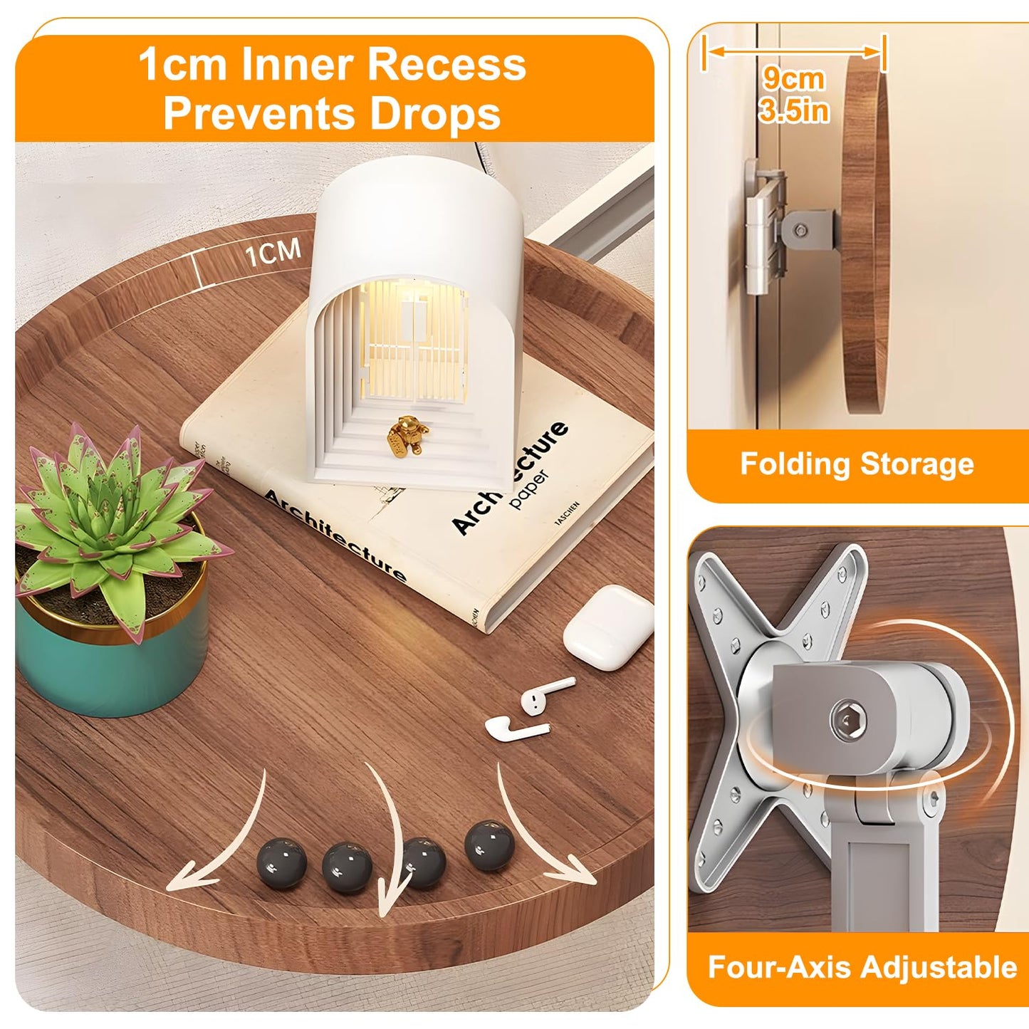 Wall-Mounted Foldable Round Table – Telescopic Adjustable Bedside Desk with Aluminum Alloy Support, Multi-Use Floating Table for Bedroom, Living Room, Balcony (Walnut)