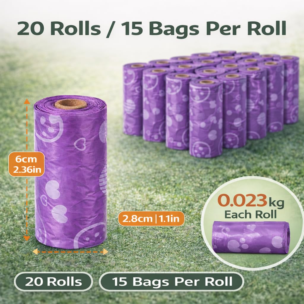 Dog Poop Bags with Dispenser – 300 Count, Leak-Proof, Strawberry Scented, Large Size for All Dogs, Biodegradable & Durable (Purple)