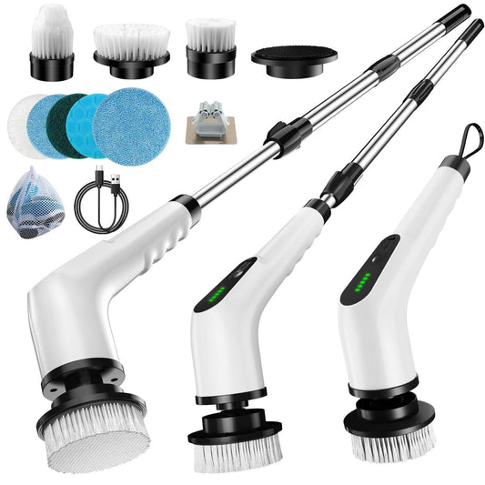 Wireless Electric Cleaning Brush with 8 Replaceable Heads â Adjustable Extendable Handle for Bathroom, Kitchen, Tiles & Car (White).