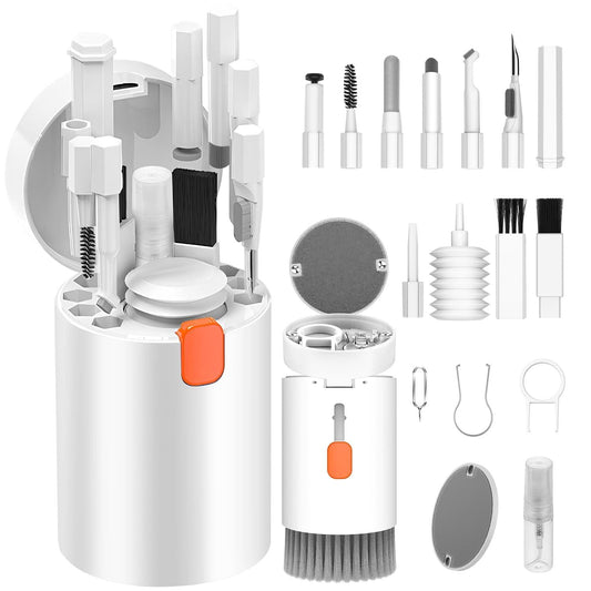20-in-1 Multi-Function Electronics Cleaning Kit â Portable Keyboard, Earphone, Camera & Screen Cleaner Set with Brush, Spray Bottle & Tools (White).