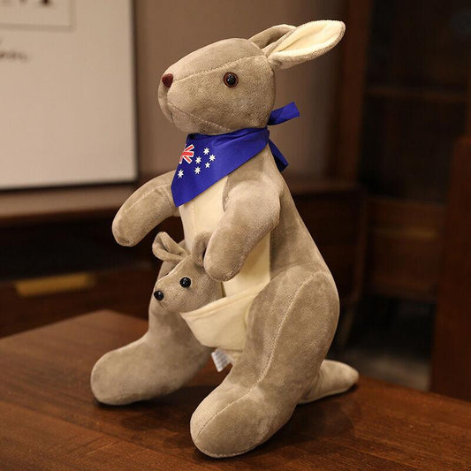 Kangaroo Stuffed Animal with Joey in Pouch & Australia Scarf - Soft Cuddly Plush Toy(45cm, light grey)| Other Colors Available in Store.